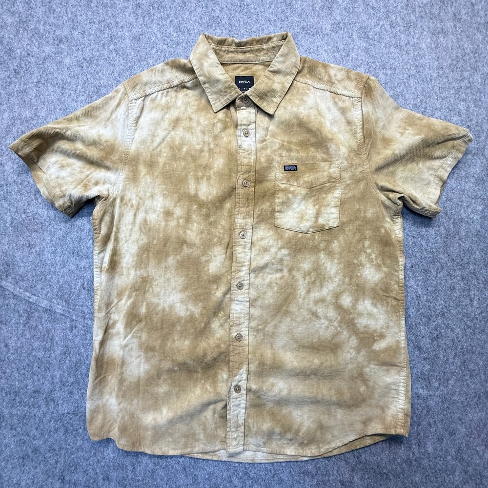 RVCA Corduroy Regular Fit Shirt Mens Medium Tan Tie Dye Short Sleeve Button Down